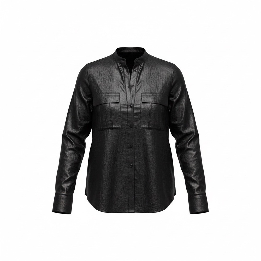 BCBGMAXAZRIA Womens Black Metallic Sheen Band Collar Button Down Shirt XS